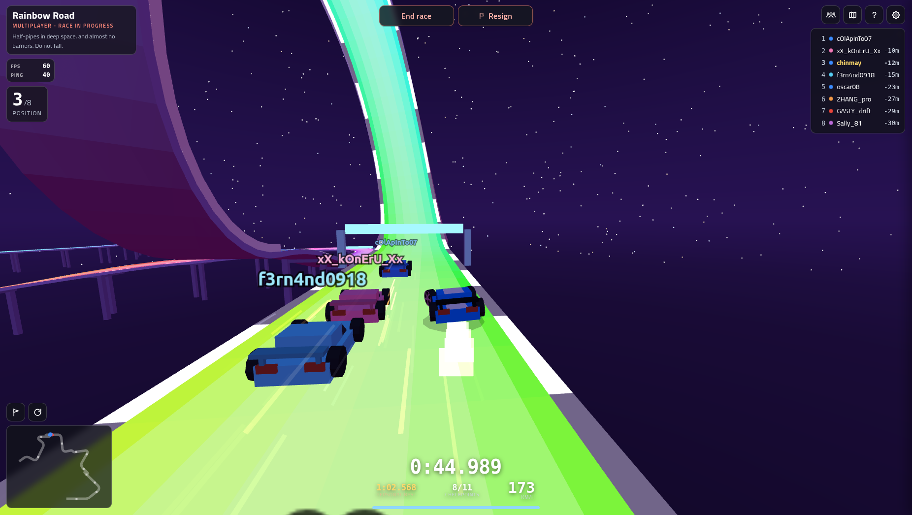 An eight-player race down Rainbow Road in Drive