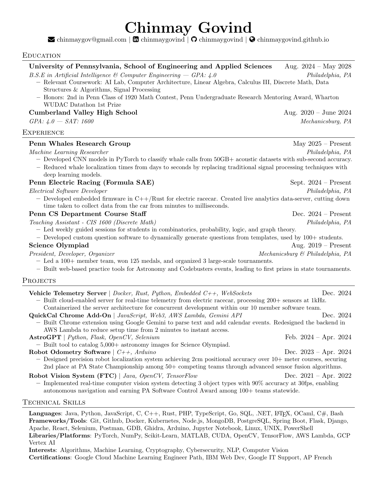 The first page of Chinmay Govind's resume